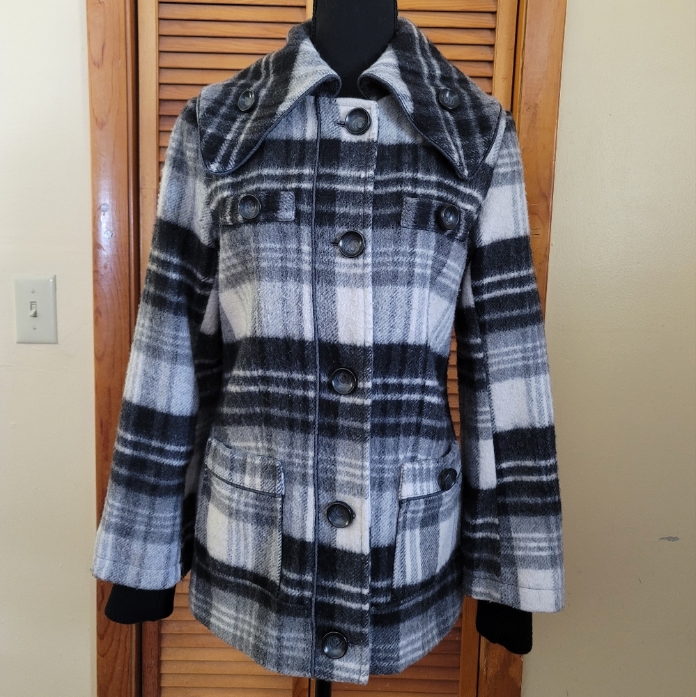 EUC Green with Envy Wool Plaid Pea Coat Size Small